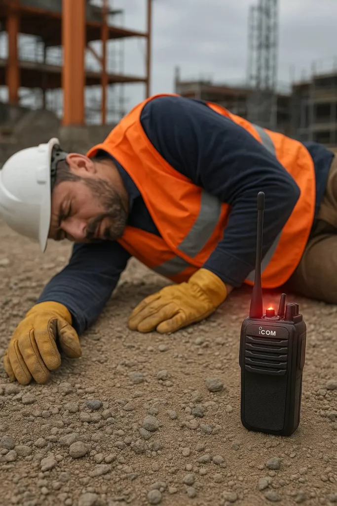 Ouvrier tombé sur un chantier industriel, radio ICOM déclenchant une alerte PTI Man Down pour la sécurité du travailleur isolé – SOTUTEC Tunisie.