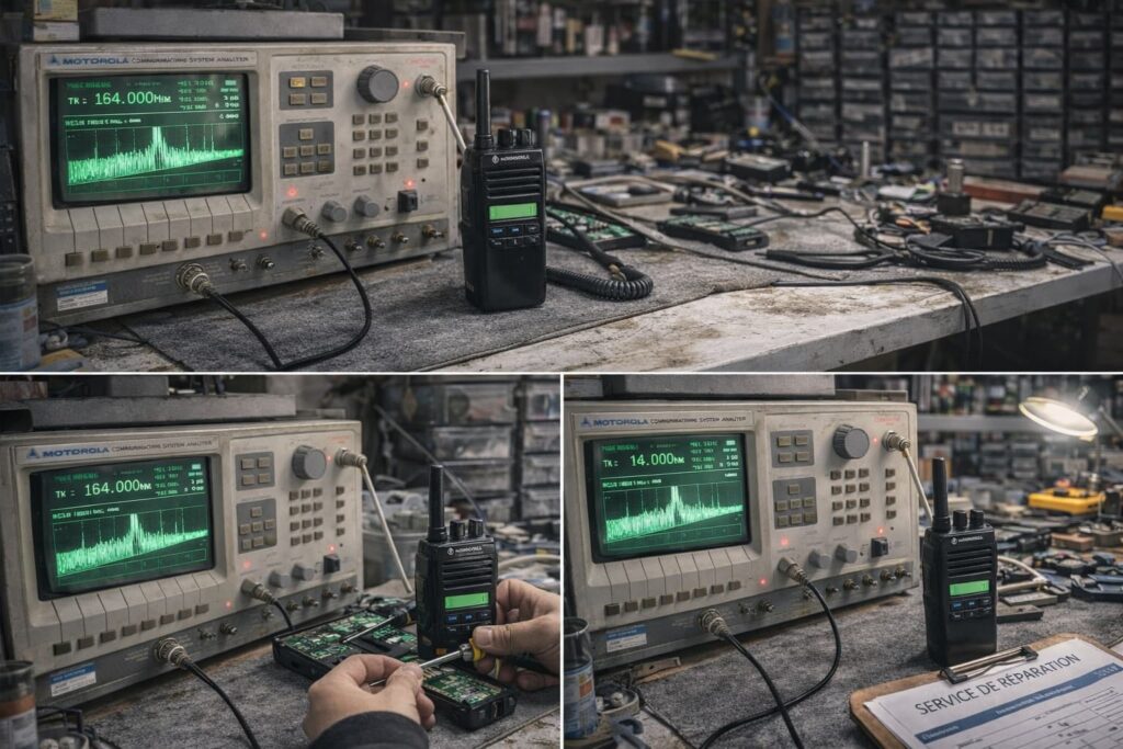 Technicien SOTUTEC testant un talkie-walkie Motorola sur banc de mesure RF Motorola R2600 en Tunisie
