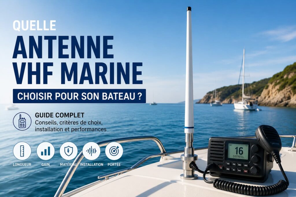 Antenne VHF marine installée sur un bateau avec radio VHF fixe pour assurer des communications fiables et la sécurité en mer.