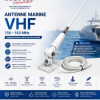 Antenne marine VHF professionnelle 156–163 MHz avec support marin M8 orientable et câble coaxial 5 m pour bateaux, navires et installations portuaires.