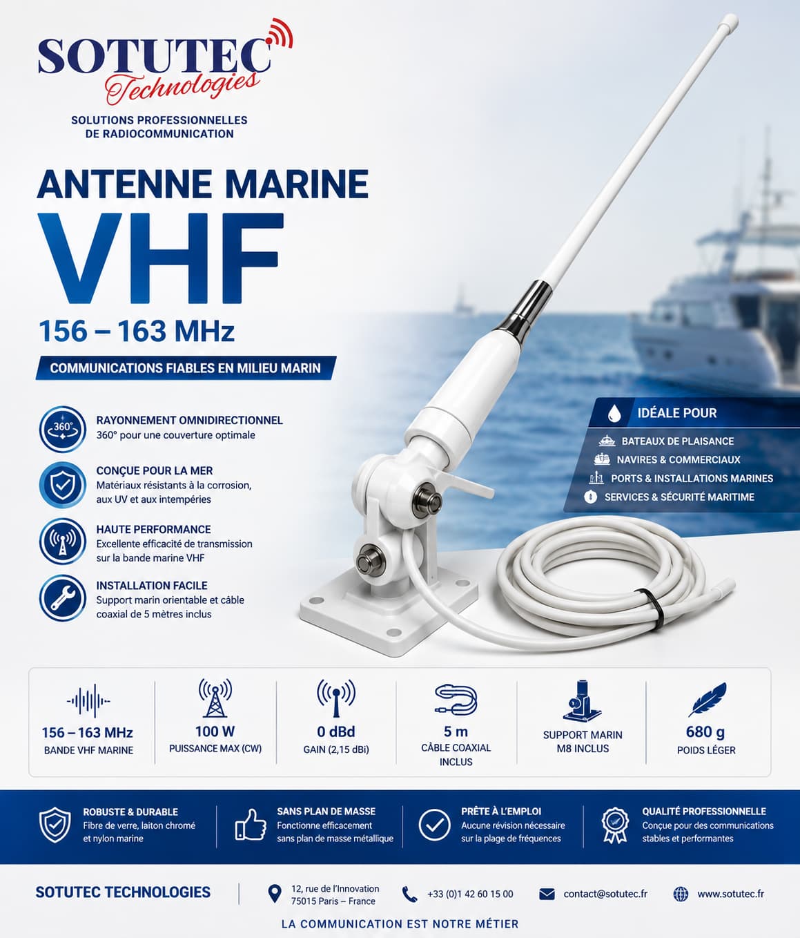 Antenne marine VHF professionnelle 156–163 MHz avec support marin M8 orientable et câble coaxial 5 m pour bateaux, navires et installations portuaires.