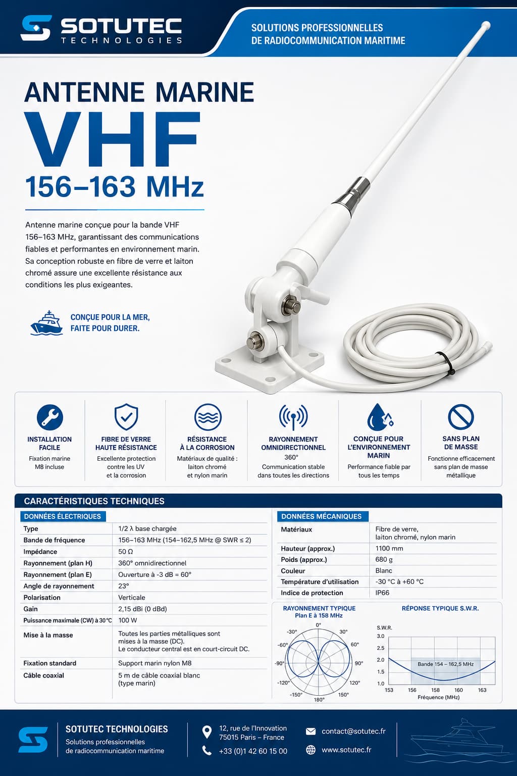 Antenne marine VHF 156–163 MHz avec support marin M8 et câble coaxial de 5 mètres