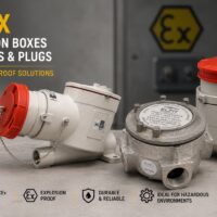 ATEX explosion-proof junction box and industrial plug for hazardous areas, certified for Zone 1, Zone 2, Zone 21 and Zone 22.