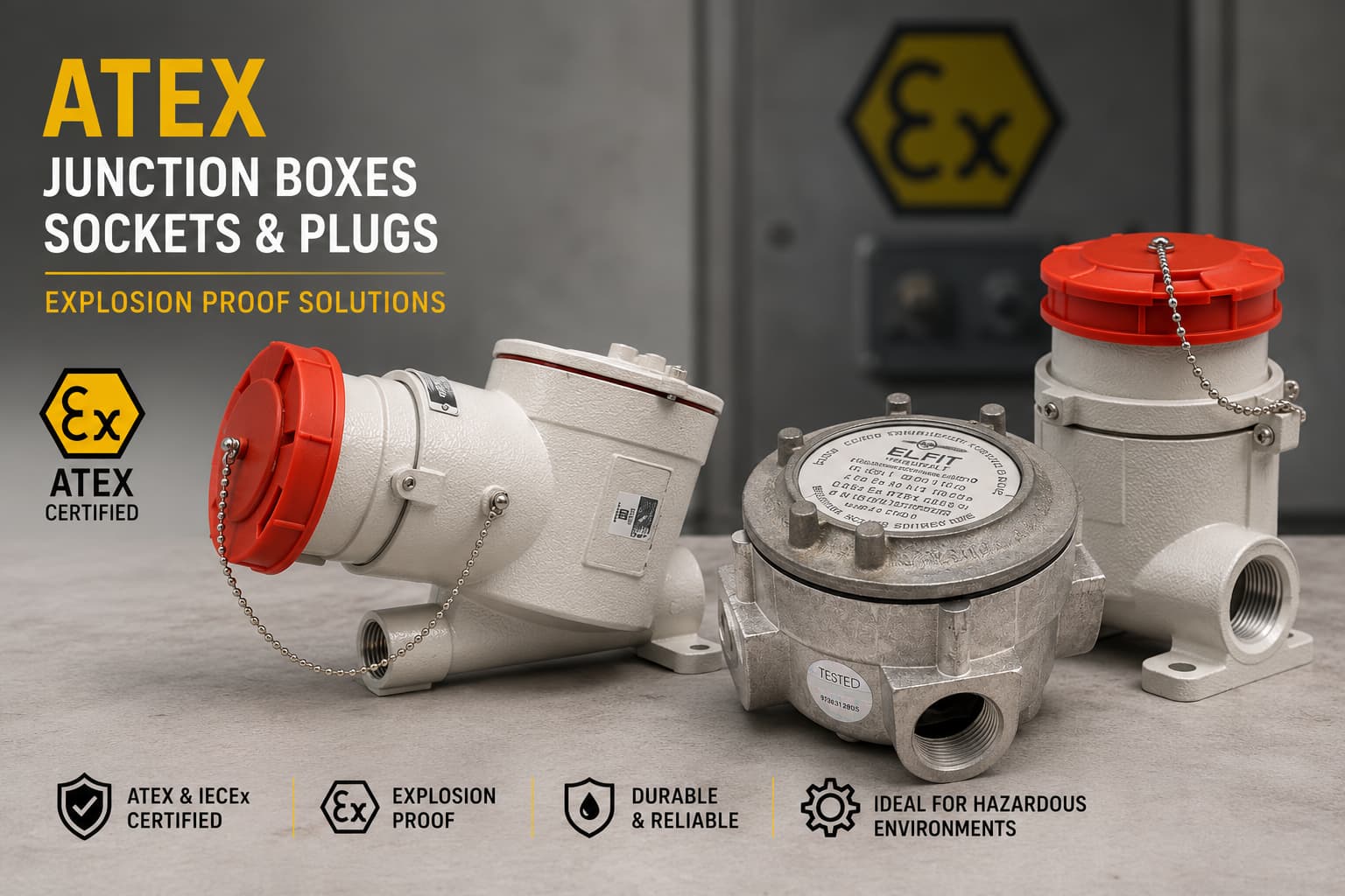 ATEX explosion-proof junction box and industrial plug for hazardous areas, certified for Zone 1, Zone 2, Zone 21 and Zone 22.