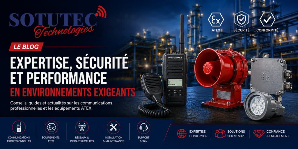 Bannière du blog SOTUTEC Technologies présentant les communications professionnelles, les équipements ATEX, les radios industrielles et les solutions de sécurité pour les environnements à risques.
