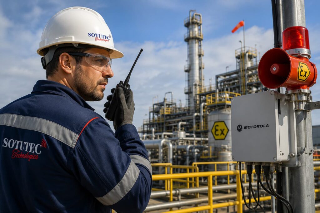 Technicien utilisant une radio professionnelle Motorola dans une installation industrielle ATEX en Tunisie – SOTUTEC Technologies