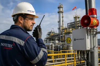 Technicien utilisant une radio professionnelle dans une installation industrielle
